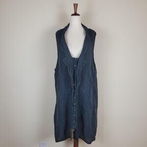 Cynthia Ashby Vest Large Blue Linen Ruffle Button Front Long Tunic Pockets Hygge